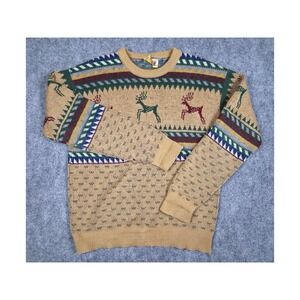 Vintage Lobo‎ by Pendleton Sweater Mens L Tan Reindeer Wool Fair Isle Knit